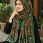 Premium Forest Green Paisley Floral Printed Silk-Finish Hijab