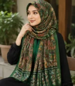 Premium Forest Green Paisley Floral Printed Silk-Finish Hijab