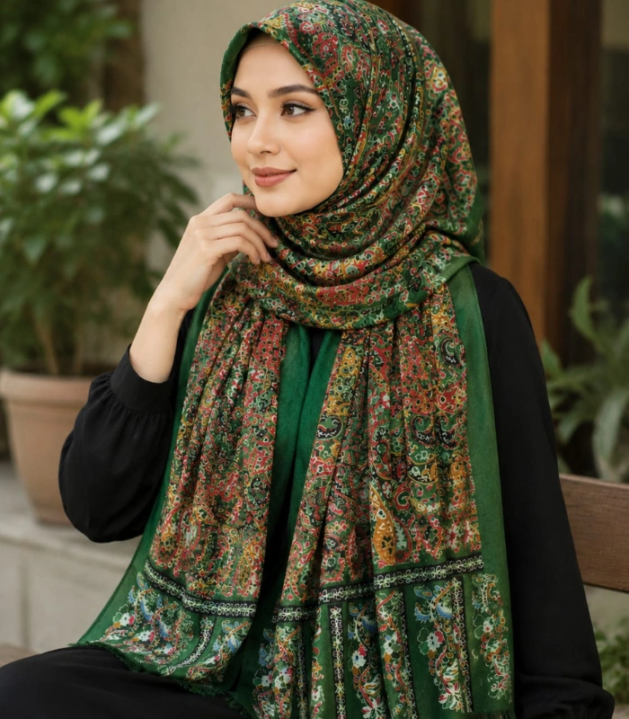 Untitled design (67) Premium Forest Green Paisley Floral Printed Silk-Finish Hijab - Image 1