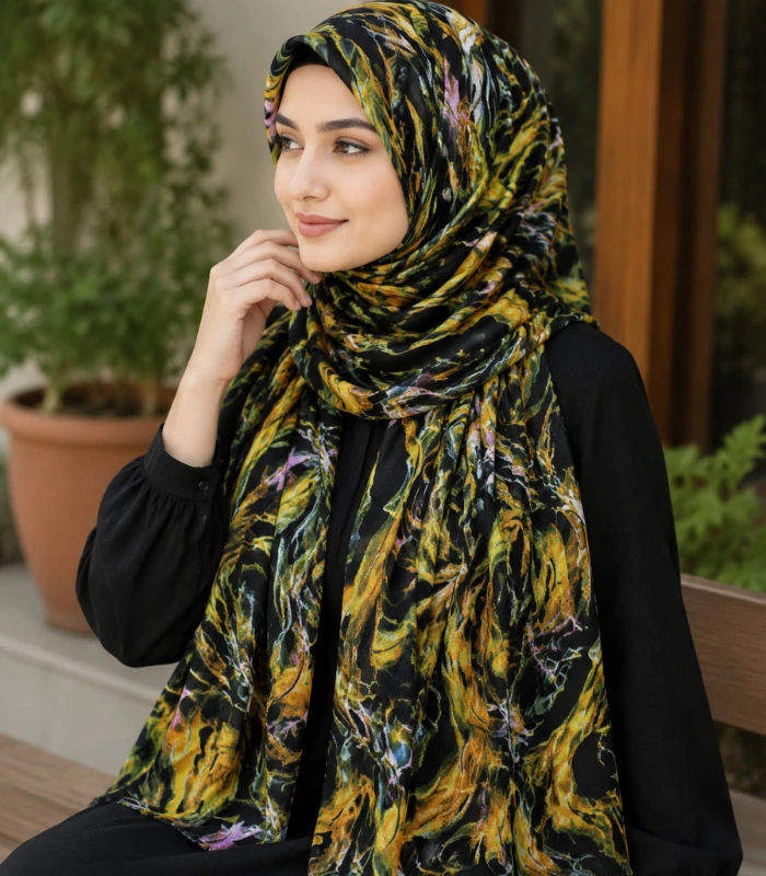 Untitled design (68) Premium Black-Olive Abstract Marble Printed Silk-Finish Hijab - Image 1