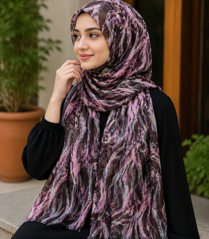 Untitled design (69) Premium Purple-Black Abstract Marble Printed Silk-Finish Hijab - Image 1
