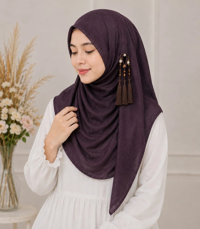 Untitled design (7) Premium Deep Plum Tassel Soft Shimmer Hijab - Image 1