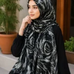 Premium Black Marble Floral Silk-Finish Hijab