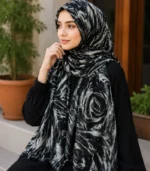 Premium Black Marble Floral Silk-Finish Hijab
