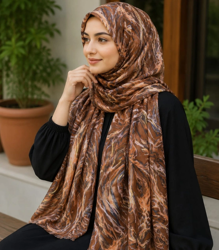 Untitled design (72) Premium Coffee Brown Abstract Marble Printed Silk-Finish Hijab - Image 1
