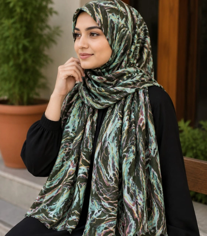 Untitled design (73) Premium Forest Green Abstract Marble Printed Silk-Finish Hijab - Image 1