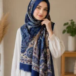 Premium Navy Blue Paisley Floral Printed Silk-Finish Hijab