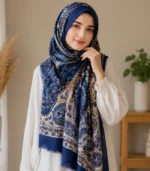Premium Navy Blue Paisley Floral Printed Silk-Finish Hijab