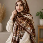 Premium Coffee Brown Paisley Floral Printed Silk-Finish Hijab
