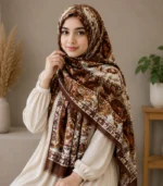 Premium Coffee Brown Paisley Floral Printed Silk-Finish Hijab