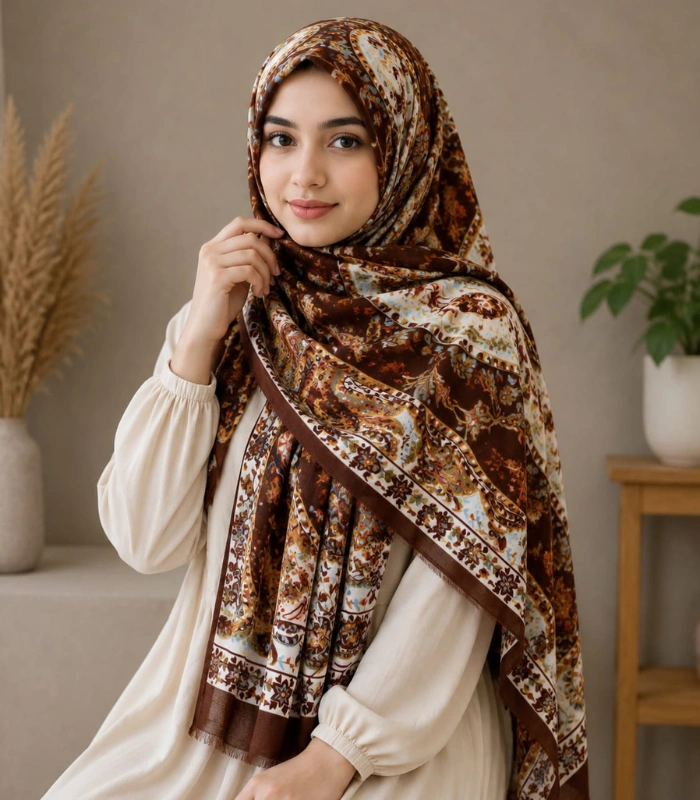 Untitled design (77) Premium Coffee Brown Paisley Floral Printed Silk-Finish Hijab - Image 1