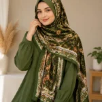 Premium Olive Green Paisley Floral Printed Silk-Finish Hijab