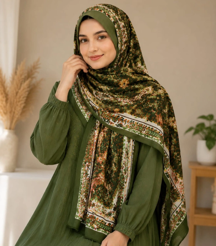 Untitled design (78) Premium Olive Green Paisley Floral Printed Silk-Finish Hijab - Image 1