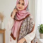 Premium Pink Floral Border Silk-Finish Hijab