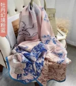Premium Blush Pink & Blue Floral Printed Silk-Finish Square Hijab - Image 2