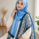 Premium Sky Blue Floral Printed Silk-Finish Hijab