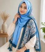 Premium Sky Blue Floral Printed Silk-Finish Hijab
