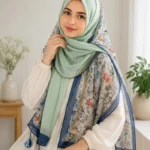Premium Mint Green Floral Printed Silk-Finish Hijab