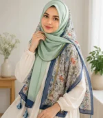 Premium Mint Green Floral Printed Silk-Finish Hijab