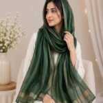 Premium Dark Green Gold Lurex Border Silk-Finish Hijab