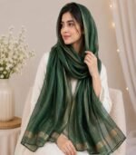 Premium Dark Green Gold Lurex Border Silk-Finish Hijab