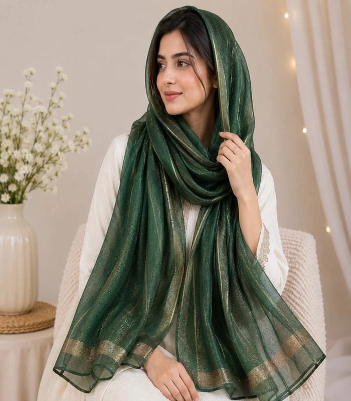 WhatsApp Image 2026-07-06 at 22.03.01 Premium Dark Green Gold Lurex Border Silk-Finish Hijab - Image 1