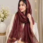 Premium Maroon Hijab with Golden Lurex Border – Silk Finish