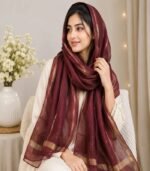 Premium Maroon Hijab with Golden Lurex Border – Silk Finish