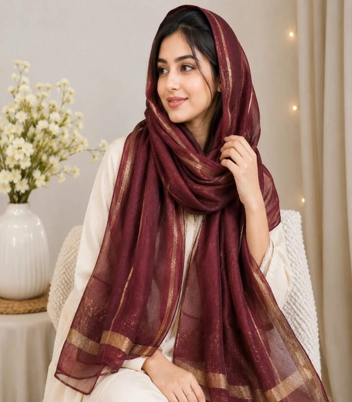 WhatsApp Image 2026-07-06 at 22.03.02 (1) Premium Maroon Hijab with Golden Lurex Border – Silk Finish - Image 1