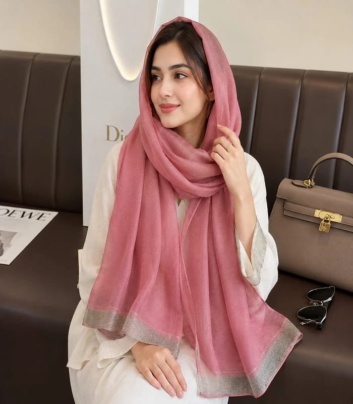 WhatsApp Image 2026-07-06 at 22.03.03 Premium Dusty Rose Golden Lurex Border Silk-Finish Hijab - Image 1