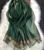 Premium Dark Green Gold Lurex Border Silk-Finish Hijab - Image 2