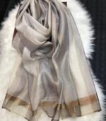 Premium Silver-Gray Golden Lurex Border Silk-Finish Hijab - Image 2