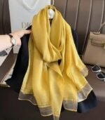 Premium Mustard Yellow Golden Lurex Border Silk-Finish Hijab - Image 2