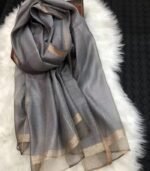 Premium Silver Grey Golden Lurex Border Silk Finish Hijab - Image 2