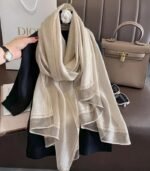 Premium Beige Golden Lurex Border Silk-Finish Hijab - Image 2