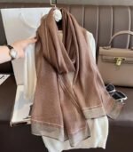 Premium Coffee Brown Golden Lurex Border Silk-Finish Hijab - Image 2