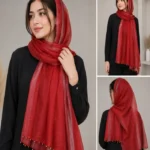 Premium Ruby Red Shimmer Pearl Border Silk-Finish Hijab