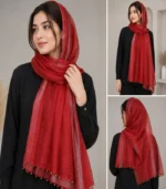 Premium Ruby Red Shimmer Pearl Border Silk-Finish Hijab