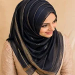 Premium Navy Blue Golden Striped Silk-Finish Hijab