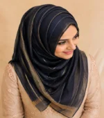 Premium Navy Blue Golden Striped Silk-Finish Hijab