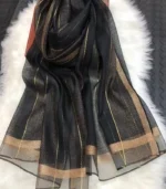 Premium Black Golden Striped Silk-Finish Hijab - Image 2