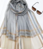 Premium Silver Grey Golden Stripe Shimmer Silk-Finish Hijab - Image 2