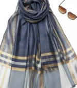 Premium Navy Blue Golden Check Border Silk-Finish Hijab - Image 2