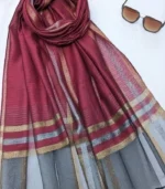 Premium Maroon-Grey Golden Striped Silk-Finish Hijab - Image 2