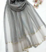 Premium Smoke Grey Shimmer Pearl Border Silk-Finish Hijab - Image 2