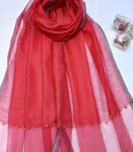 Premium Ruby Red Shimmer Pearl Border Silk-Finish Hijab - Image 2