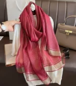 Premium Rose Pink Gold Border Pleated Silk-Finish Hijab - Image 2