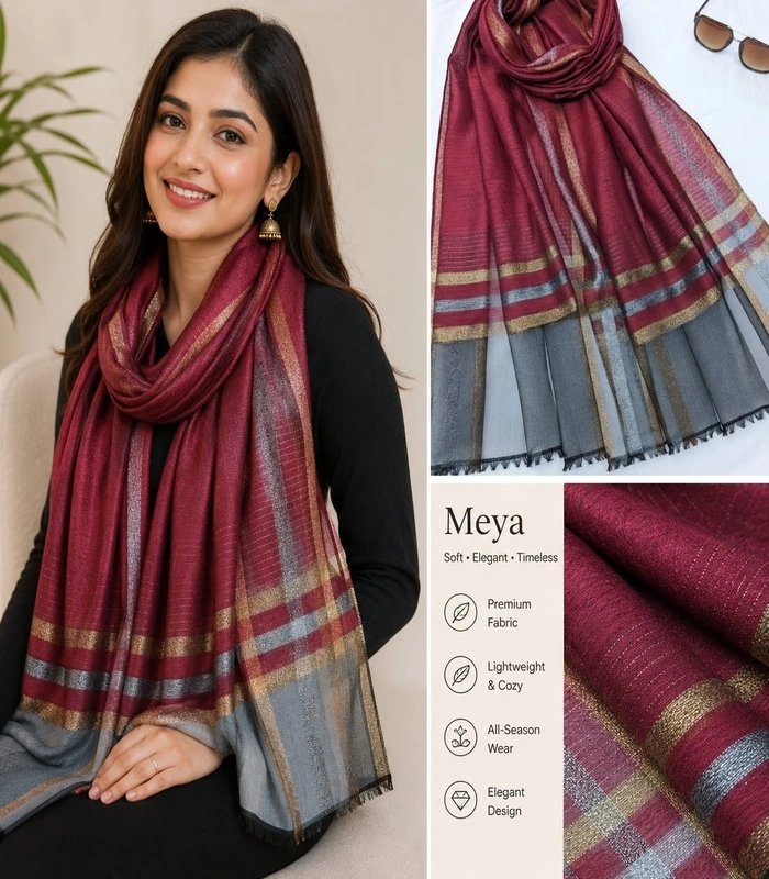 WhatsApp Image 2026-07-08 at 18.47.31_700x800 Premium Maroon-Grey Golden Striped Silk-Finish Hijab - Image 1