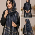 Premium Navy Blue Golden Check Border Silk-Finish Hijab