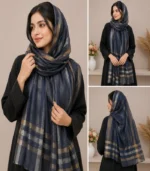 Premium Navy Blue Golden Check Border Silk-Finish Hijab